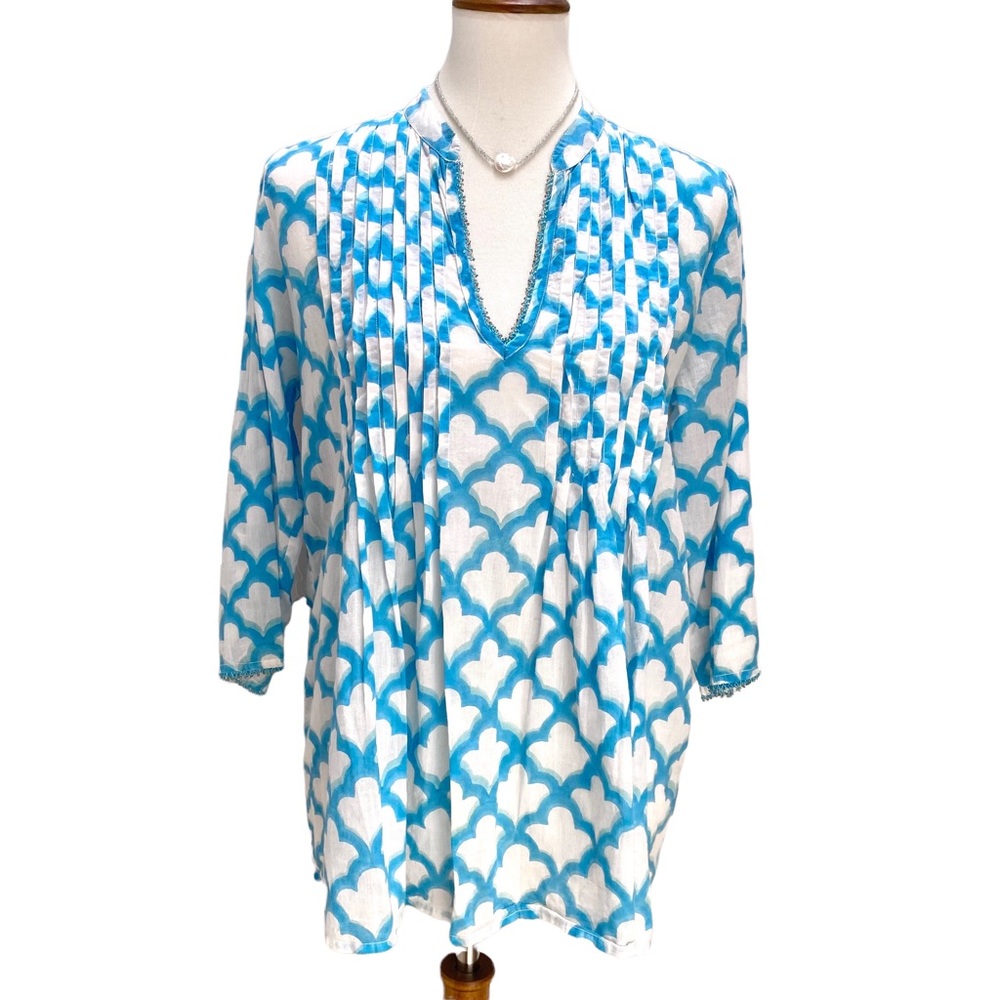 Original Roberta Roller Rabbit Top in Blue Teal White w/Beaded V Neck SM